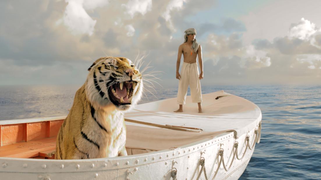 A Bengal tiger and Suraj Sharma must share a boat to survive in "Life of Pi."