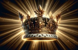 A majestic, ornate crown adorned with golden leaves and intricate designs, set against a dark background. Radiant beams of light emanate from behind, highlighting its regal appearance and giving the image a luminous, almost celestial quality.