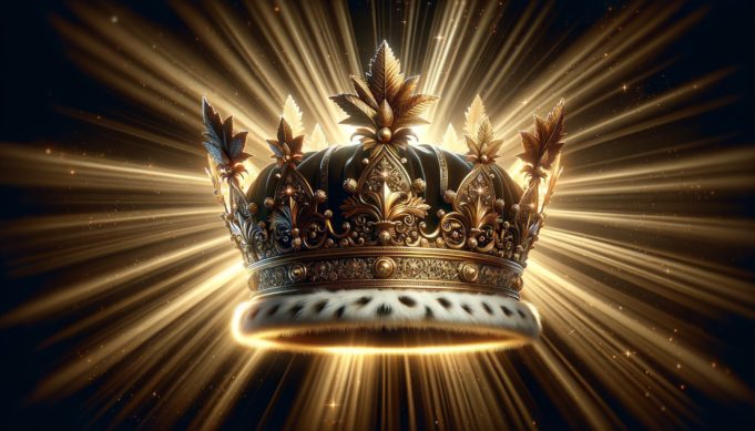 A majestic, ornate crown adorned with golden leaves and intricate designs, set against a dark background. Radiant beams of light emanate from behind, highlighting its regal appearance and giving the image a luminous, almost celestial quality.