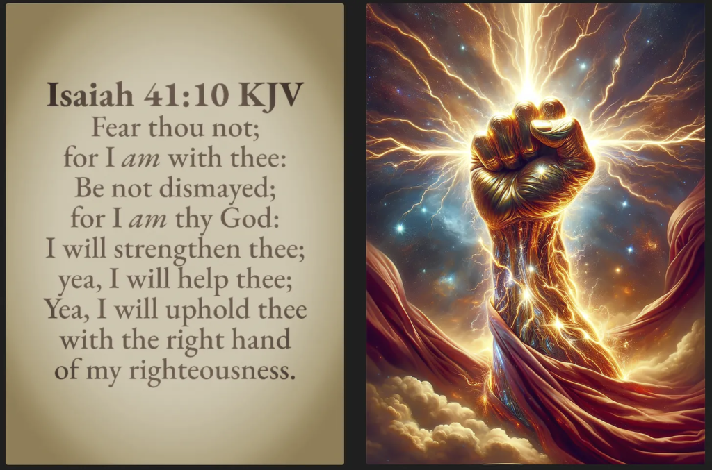 The image consists of two parts. On the left, there's a Bible verse, Isaiah 41:10 (KJV), written in a classic serif font on a beige background. The verse encourages strength and fearlessness, stating, "Fear thou not; for I am with thee: be not dismayed; for I am thy God: I will strengthen thee; yea, I will help thee; yea, I will uphold thee with the right hand of my righteousness." On the right, a dynamic and dramatic illustration depicts a glowing, muscular fist raised towards the sky, surrounded by lightning and energy against a backdrop of stars and clouds, symbolizing divine power and support.