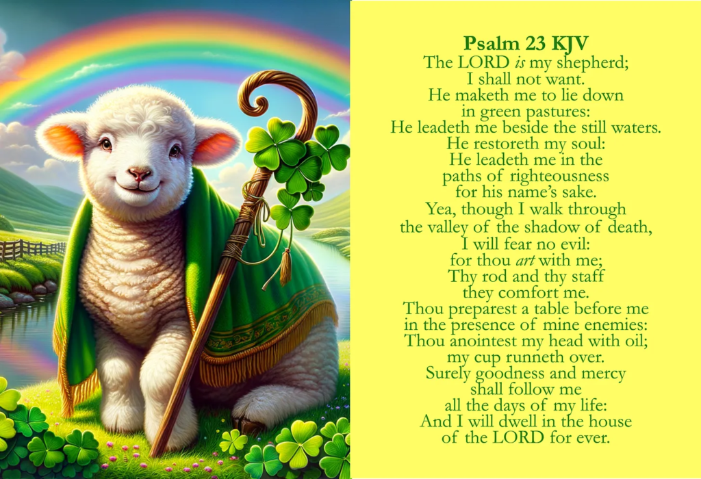 The image features an illustration of a cute lamb wrapped in a green cloak, holding a shepherd's staff adorned with clovers. Behind the lamb is a vibrant rainbow arching over a serene landscape with green fields and a gentle river. The left side of the image showcases Psalm 23 from the King James Version (KJV) of the Bible, written in green text on a yellow background. The psalm speaks of the LORD as a shepherd, providing guidance, comfort, and protection.