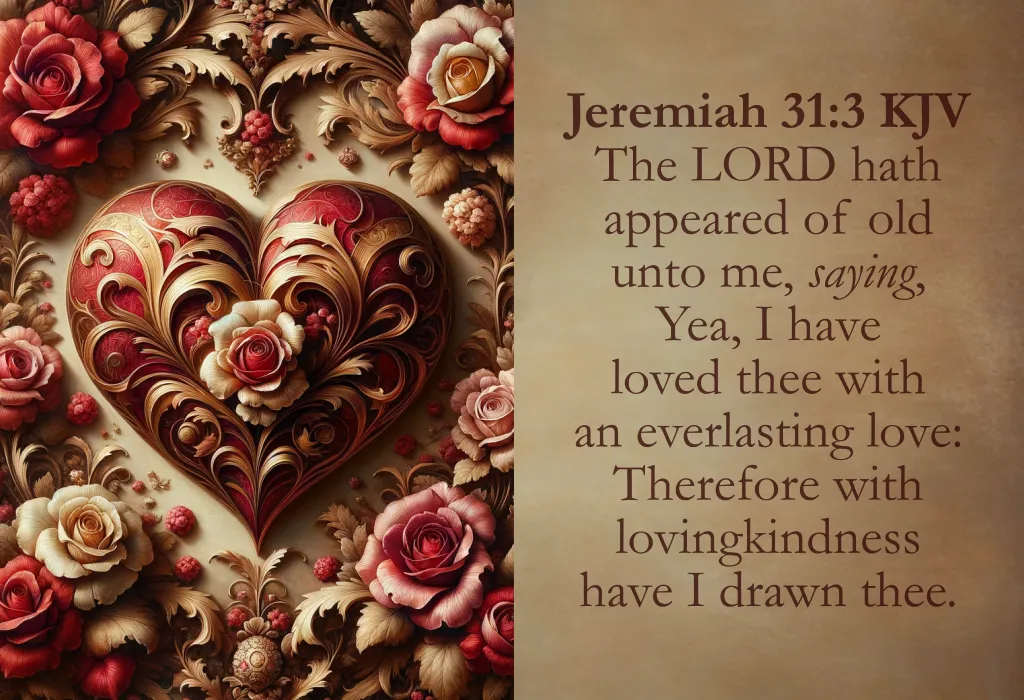 The image features an ornate, heart-shaped design on the left side, intricately decorated with elegant swirls and surrounded by blooming roses in shades of red, pink, and cream. On the right side, Jeremiah 31:3 from the King James Version (KJV) of the Bible is written in brown text on a beige background. The verse reads, "The LORD hath appeared of old unto me, saying, Yea, I have loved thee with an everlasting love: Therefore with lovingkindness have I drawn thee." The image conveys themes of love and devotion through its detailed floral heart and scriptural message.